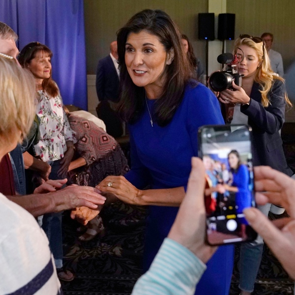 FILE - Republican presidential candidate Nikki Haley greets guests during a campaign gathering, Wednesday, May 24, 2023, in Bedford, N.H. (AP Photo/Charles Krupa, File)